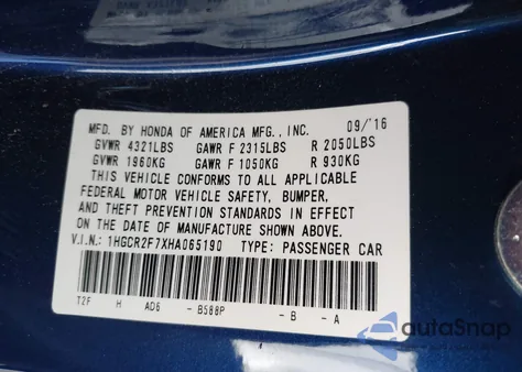 2017 Honda Accord Ex z USA, uszkodzony, nr VIN 1HGCR2F7XHA065190